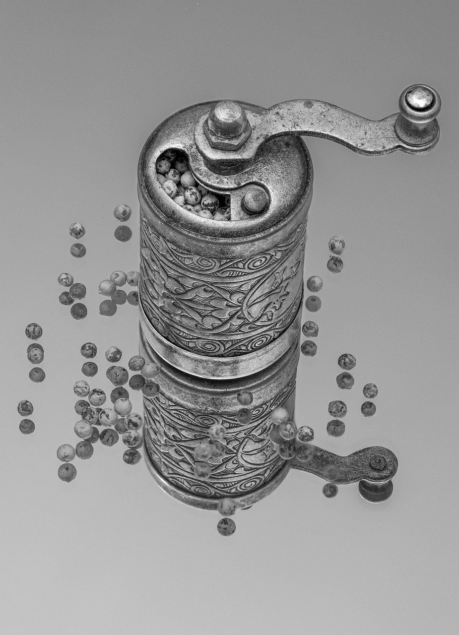about-img pepper mill, peppercorns, spice, metal, kitchen appliance, kitchen, monochrome